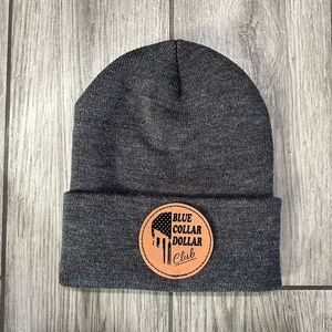 Laser engraved patch beanie. Blue collar dollar club.